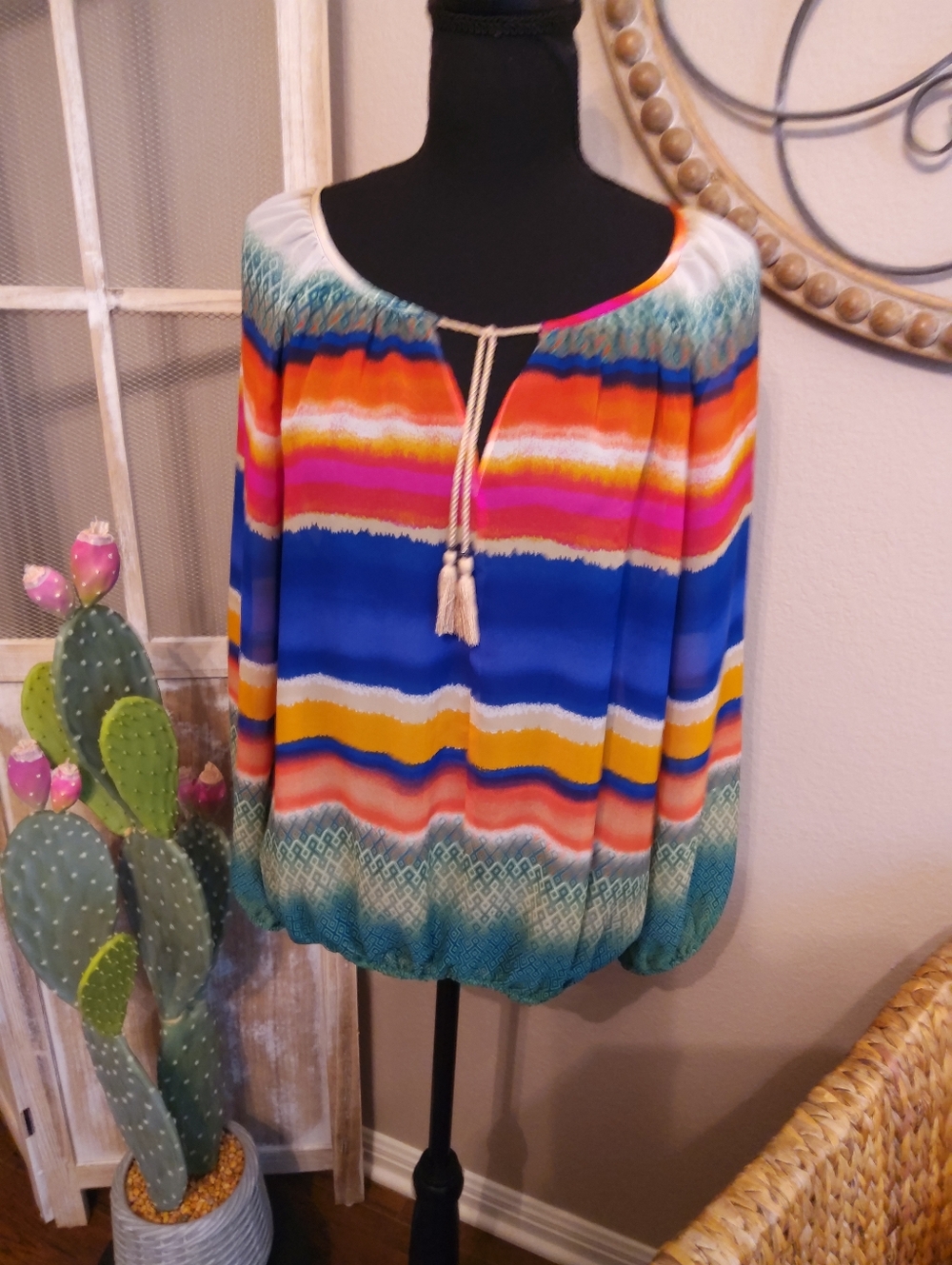 Hannah Multicolor Striped Peasant Blouse with Tassel Tie